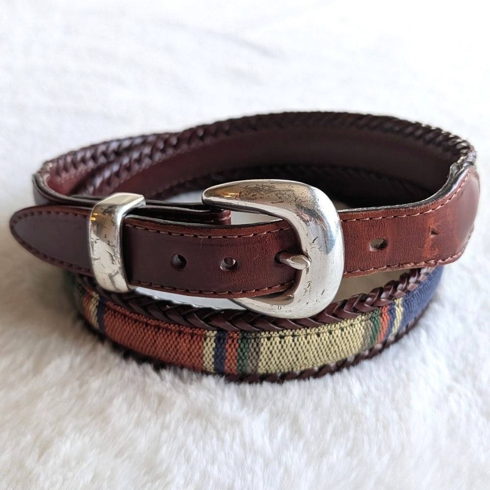 BRIGHTON Santos Men's Fabric Woven Leather Belt | Size 36 Silver Buckle
